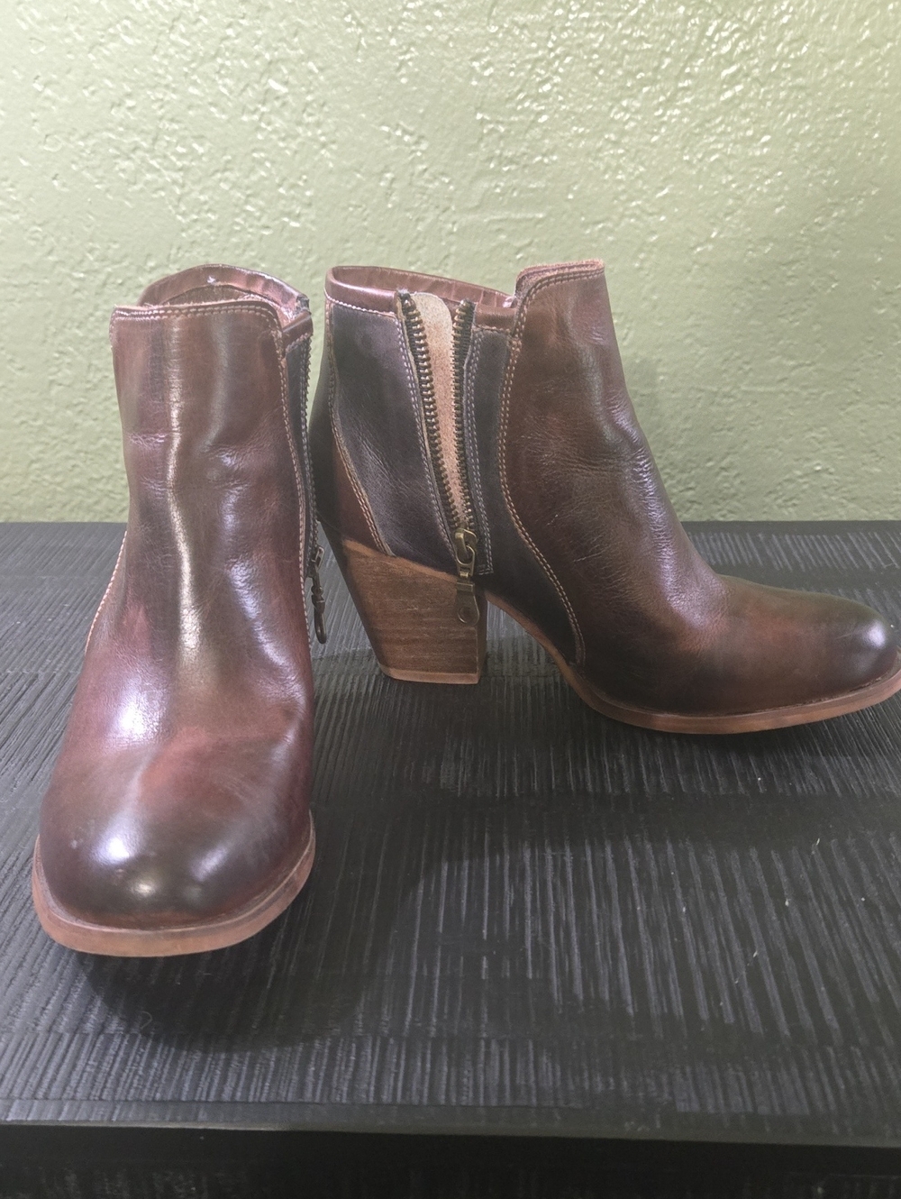 Women's Brown Leather Ankle Booties with Side Zip and Stacked Heel